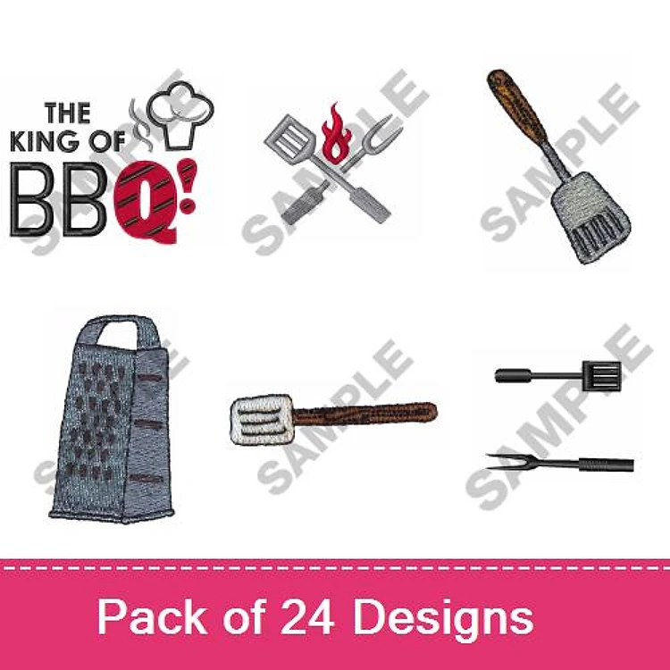 BBQ Tools & Accessories Embroidery Designs Bundle – Grill Spatula, Grill Fork, BBQ Tongs & More (24 Designs)