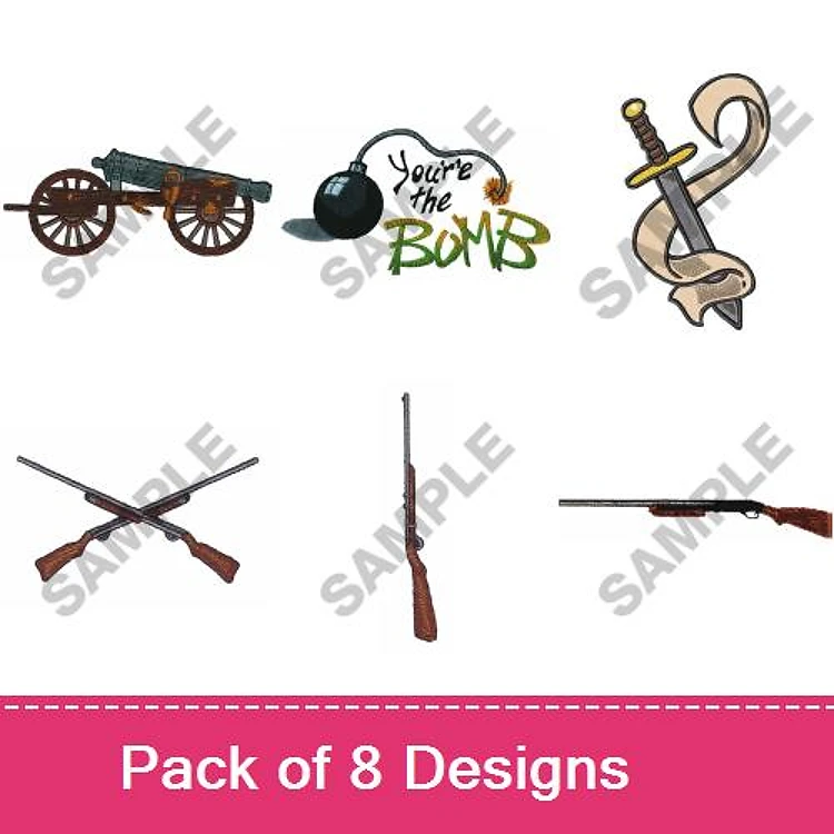 Historical Weaponry Embroidery Designs Bundle – Cannon, Bomb, Sword, Crossed Rifles & More (8 Designs)