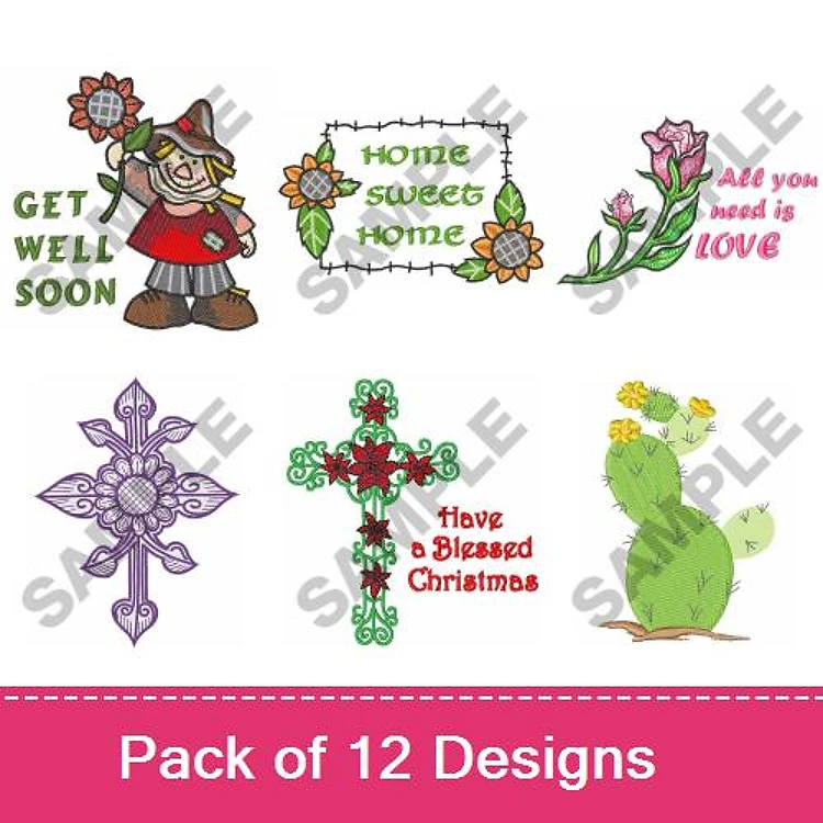 Themed Phrases & Decorative Motifs Embroidery Bundle – Get Well Soon, Home Sweet Home, Cactus & More (12 Designs)