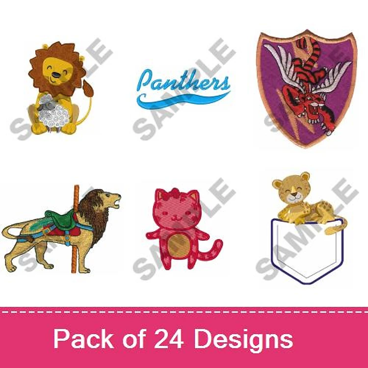 Animal and Shield Embroidery Bundle – Lion with Diamond, Panthers Text, Shield with Dragon & More (24 Designs)