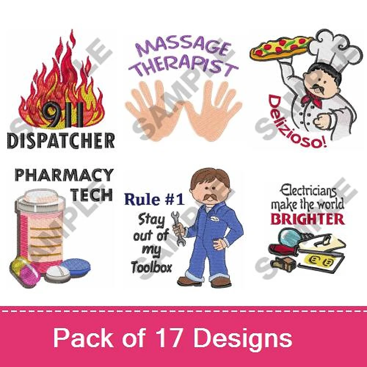 Occupational Embroidery Designs Bundle – Dispatcher, Massage Therapist, Chef with Pizza & More (17 Designs)