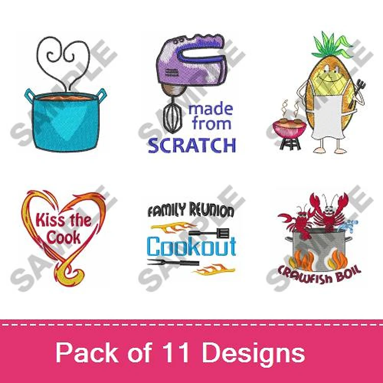 Cooking and Culinary Themed Embroidery Designs Bundle – Cooking Pot, Hand Mixer, Pineapple Chef & More (11 Designs)