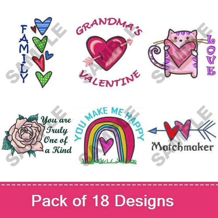 Valentine's Themed Embroidery Designs Bundle – Family Hearts, Grandma's Valentine, Heart Cat & More (18 Designs)