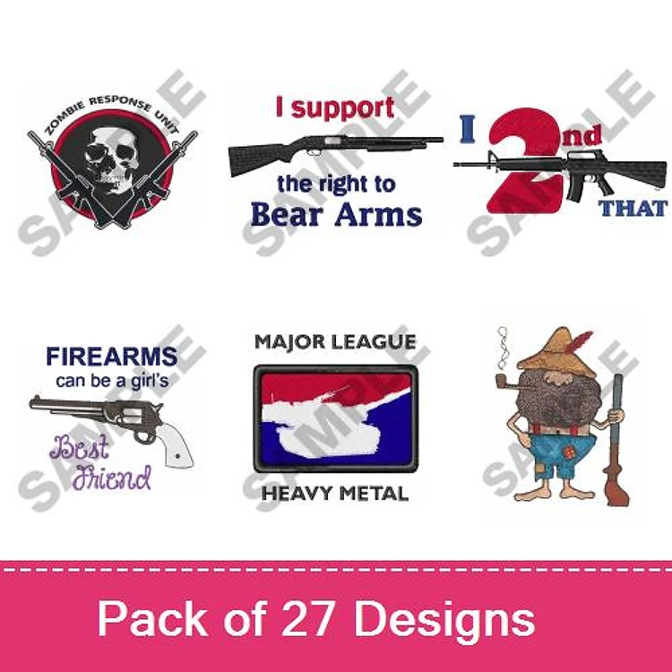 Firearms and Hunting Embroidery Designs Bundle – Skull and Crossbones, I Support the Right to Bear Arms, & More (27 Designs)