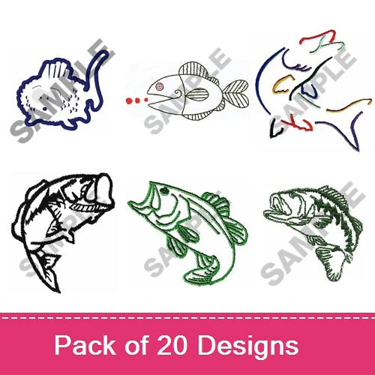 Fish Embroidery Bundle – Outline Fish, Cartoon Fish, Shark Outline & More (20 Designs)