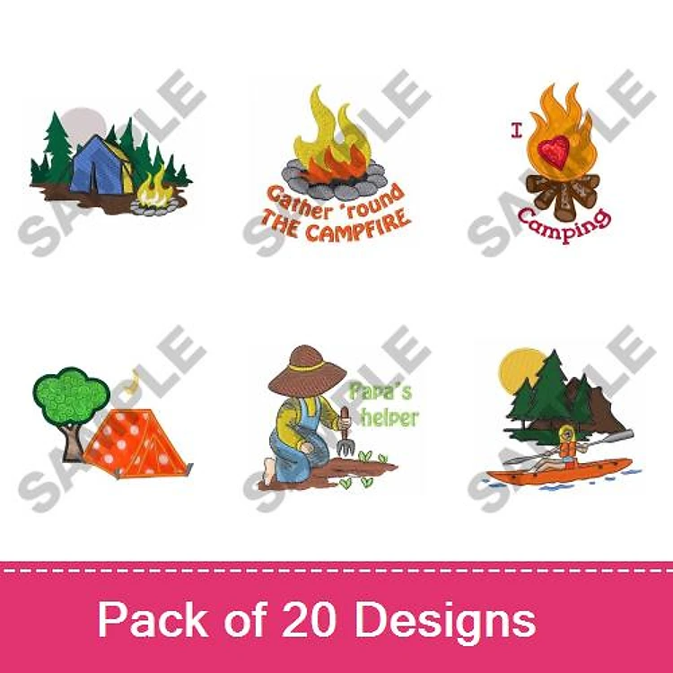 Camping and Outdoor Activities Embroidery Designs Bundle – Camping Tent, Campfire with Flames, Paddleboarding Scene & More (20 Designs)