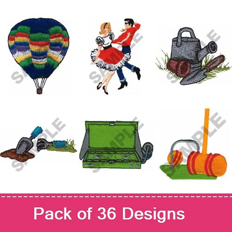 Outdoor Activities Embroidery Designs Bundle – Hot Air Balloon, Dancing Couple, Gardening Tools & More (36 Designs)