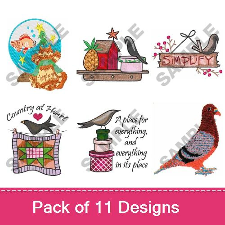 Rustic Home & Nature Embroidery Bundle – Fishing Scene, Christmas Tree with Ornaments, Colorful Bird & More (11 Designs)