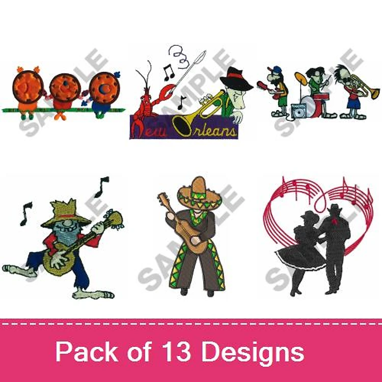 New Orleans Themed Embroidery Designs Bundle – Jazz Musicians, Dancing Couple, Guitar Player & More (13 Designs)