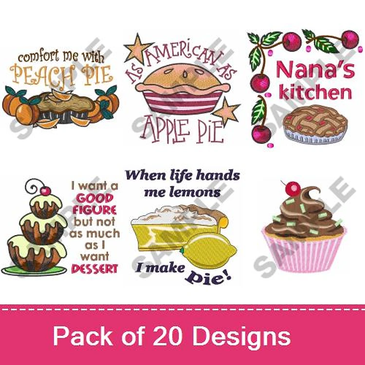 Pie Themed Quotes Embroidery Designs Bundle – Comfort Me with Peach Pie, As American as Apple Pie, & More (20 Designs)