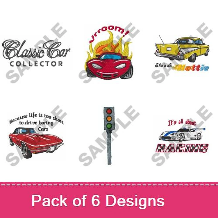 Classic Cars and Racing Embroidery Designs Bundle – Classic Car Collector, Sports Car with Flames, Chevy El Camino & More (6 Designs)