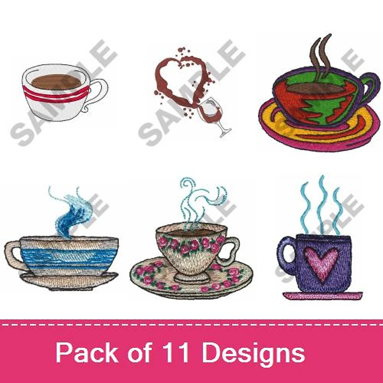 Tea and Coffee Cups Embroidery Designs Bundle – Coffee Cup, Teacup with Saucer, Colorful Coffee Cup & More (11 Designs)