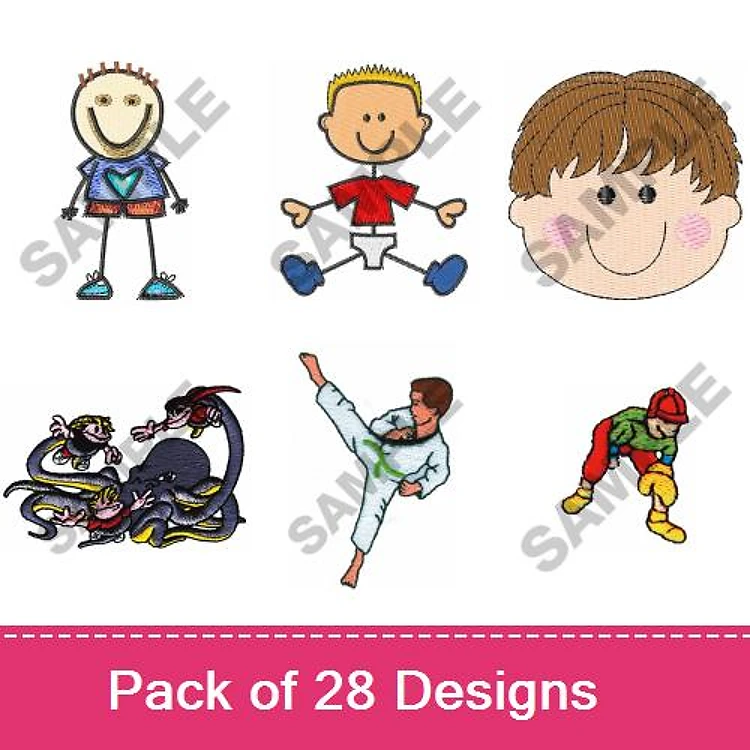 Children's Fun Characters Embroidery Designs Bundle – Boy with Heart, Happy Boy, Child's Face & More (28 Designs)