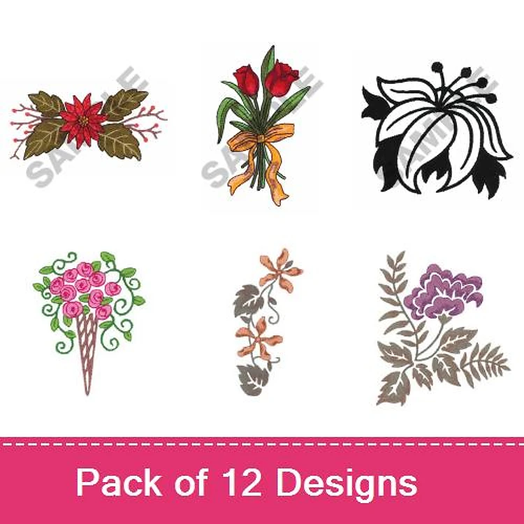 Floral Arrangements Embroidery Bundle – Poinsettia Bouquet, Tulip Bouquet, Rose Bouquet & More (12 Designs)