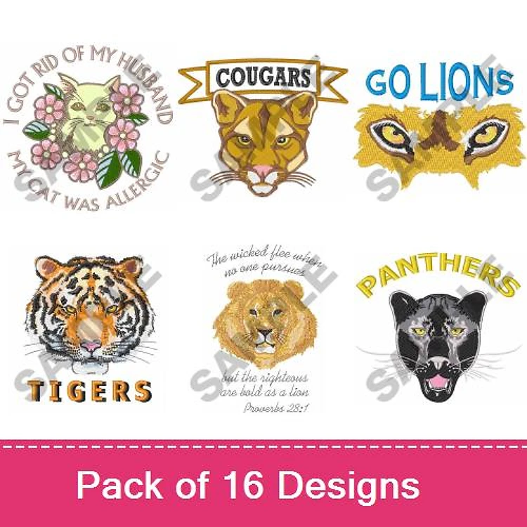 Animal Heads & Quotes Embroidery Bundle – I Got Rid of My Husband My Cat Was Allergic, Go Lions, Cougars & More (16 Designs)