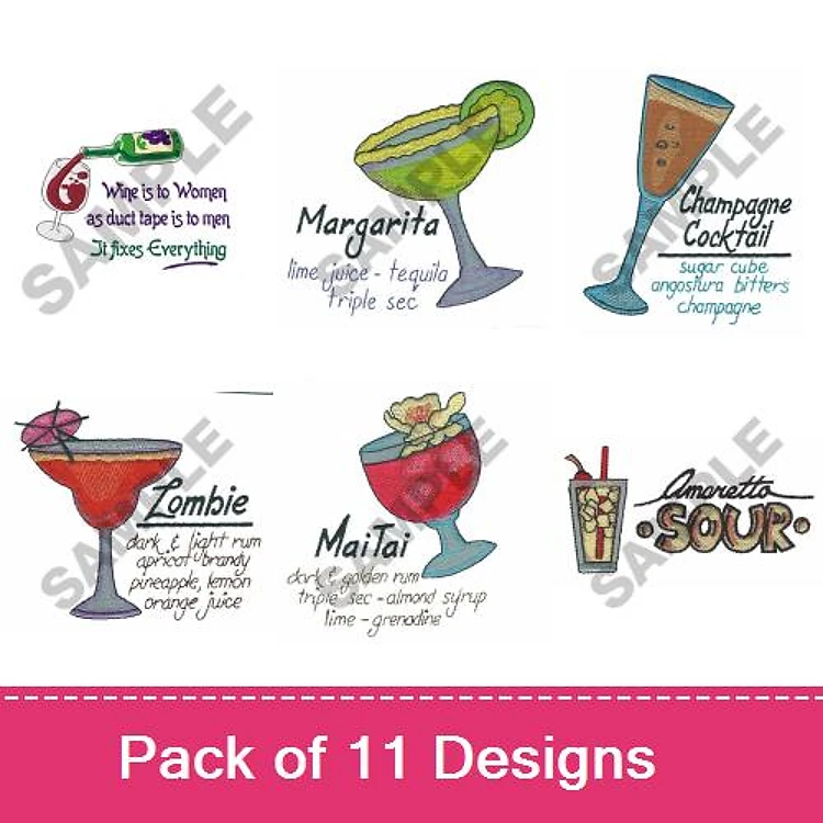Cocktail & Beverage Embroidery Designs Bundle – Wine Glass, Margarita, Champagne Cocktail & More (11 Designs)