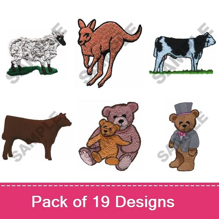 Farm Animal & Teddy Bear Embroidery Bundle – Kangaroo, Sheep, Cow, Teddy Bear with Cub & More (19 Designs)