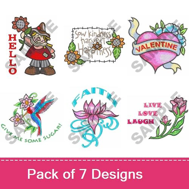 Valentine Heart & Lotus Flower Embroidery Designs Bundle – Hello Greeting, Sow Kindness Harvest Happiness & More (7 Designs)