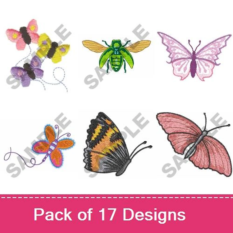 Butterflies & Insects Embroidery Designs Bundle – Butterfly 1, Pink Butterfly, Green Insect & More (17 Designs)