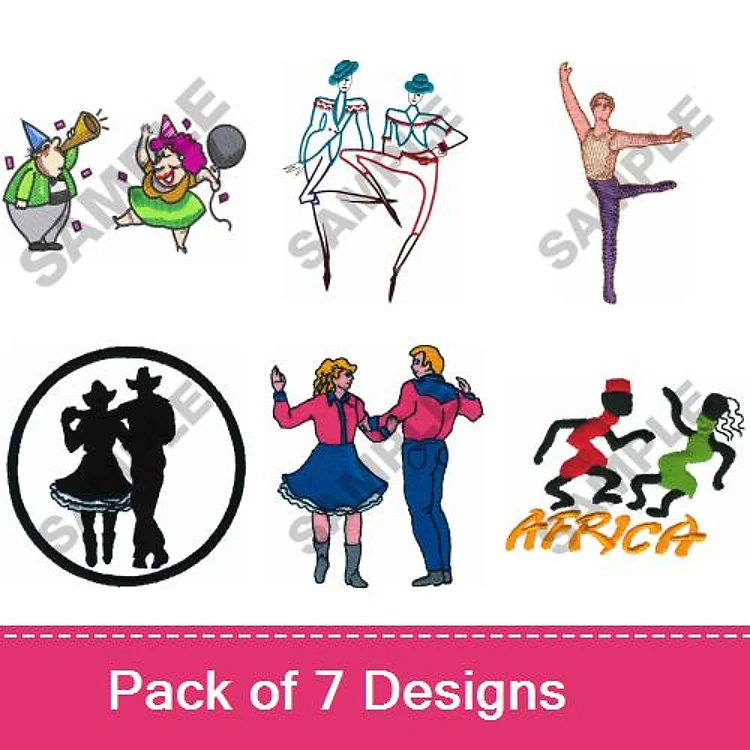 Dance and Celebration Embroidery Designs Bundle – Dancing Couple Silhouette, Balloon Party Dancer, Jazz Dancers & More (7 Designs)