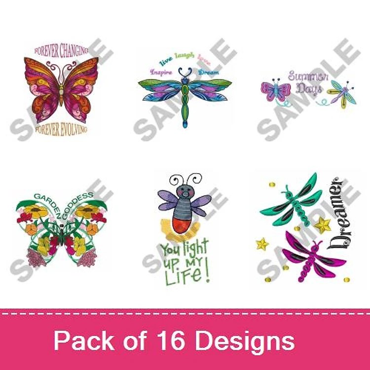 Butterflies & Dragonflies Embroidery Designs Bundle – Butterfly with Text, Dragonfly with Colorful Details & More (16 Designs)