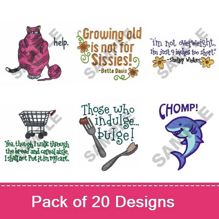 Funny Sayings Embroidery Designs Bundle – Cat Help, Shopping Cart, Growing Old Quote & More (20 Designs)