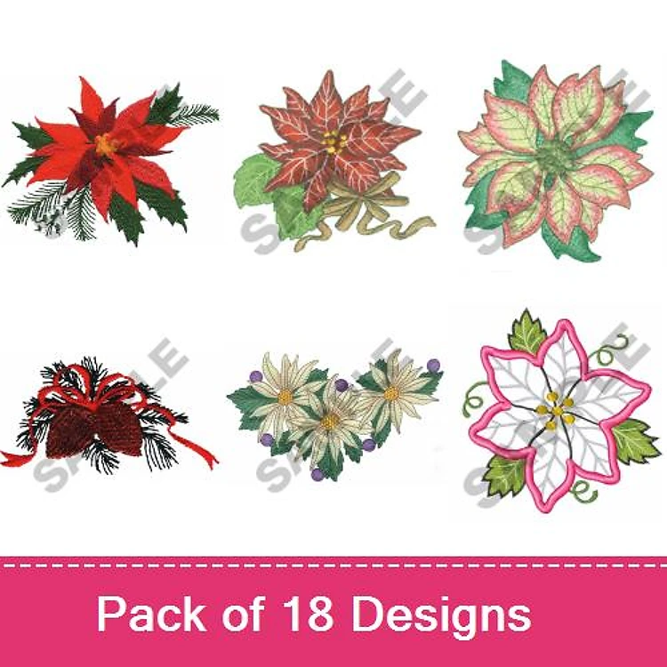 Holiday Floral Embroidery Designs Bundle – Poinsettia Arrangement, Mixed Floral Bouquet, Pinecone & More (18 Designs)