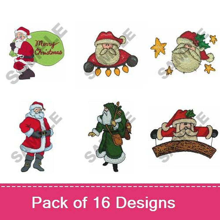 Santa Claus Embroidery Designs Bundle – Santa with Merry Christmas Sign, Santa with Lights, Santa in Red Suit & More (16 Designs)