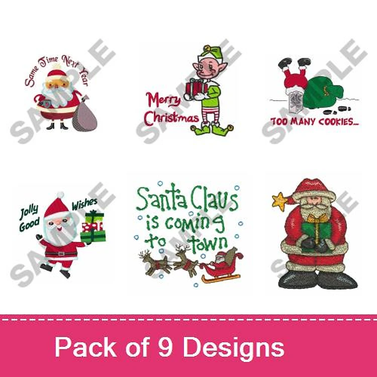 Santa & Elf Christmas Embroidery Designs Bundle – Merry Christmas, Jolly Good Wishes, & Santa with Sleigh (9 Designs)