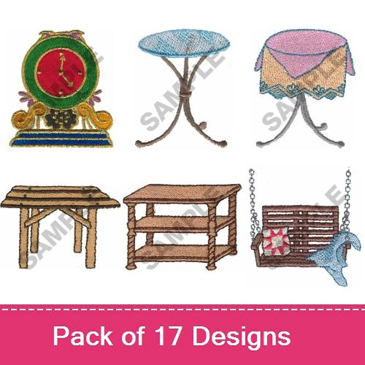 Decorative Furniture Embroidery Designs Bundle – Clock Table, Round Table, Wooden Table & More (17 Designs)