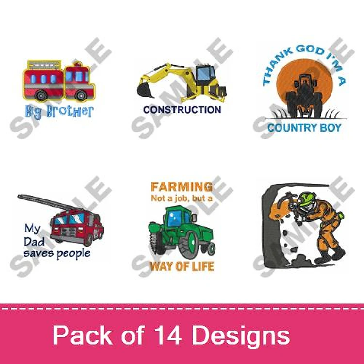 Occupational & Familial Themes Embroidery Designs Bundle – Big Brother, Construction Vehicle, My Dad Saves People & More (14 Designs)