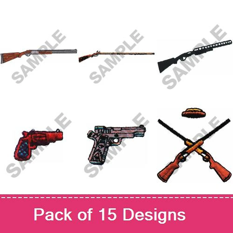 Firearm Illustrations Embroidery Designs Bundle – Old Hunting Rifle, Bolt Action Rifle, Revolver with Stars & More (15 Designs)