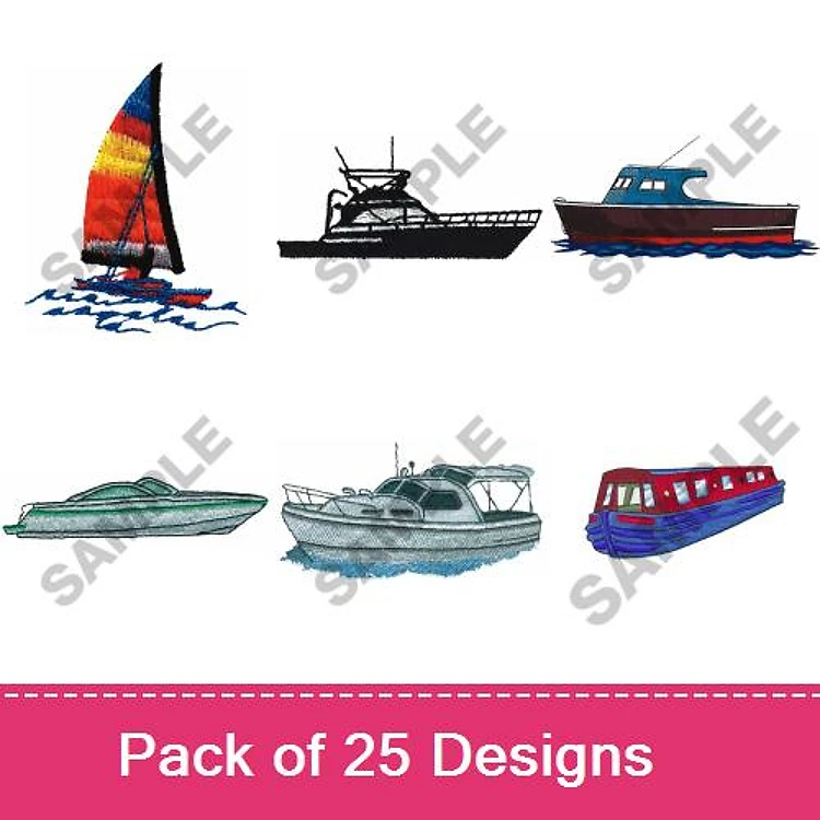 Sailing Theme Embroidery Designs Bundle – Sailboat, Fishing Boat, Motorboat & More (25 Designs)