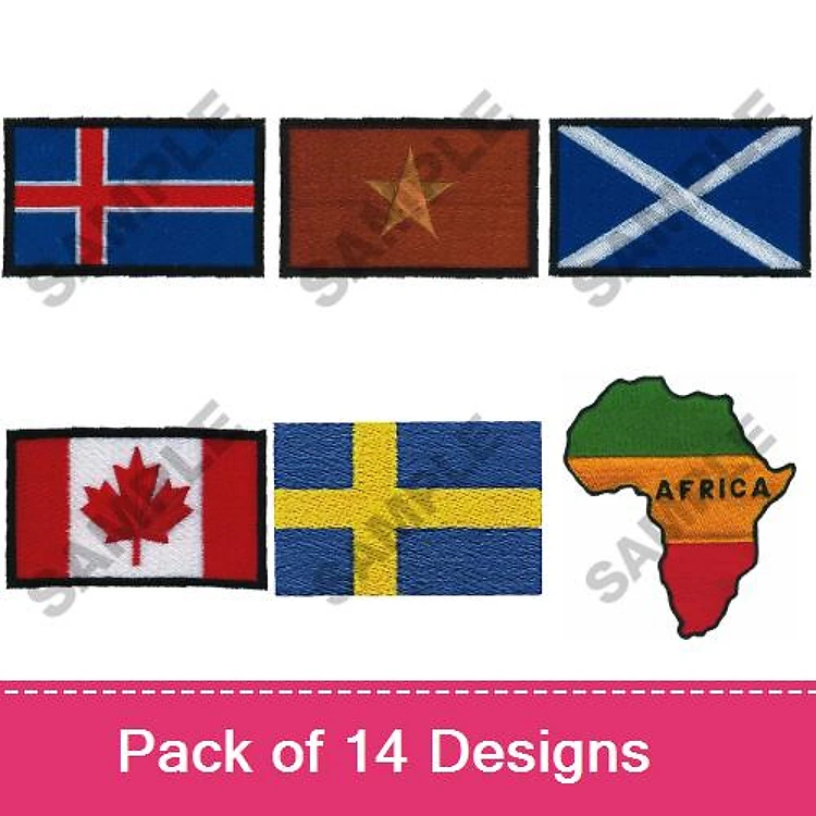 Flags of Various Countries Embroidery Designs Bundle – Iceland, Vietnam, Scotland, Canada, Sweden & More (14 Designs)