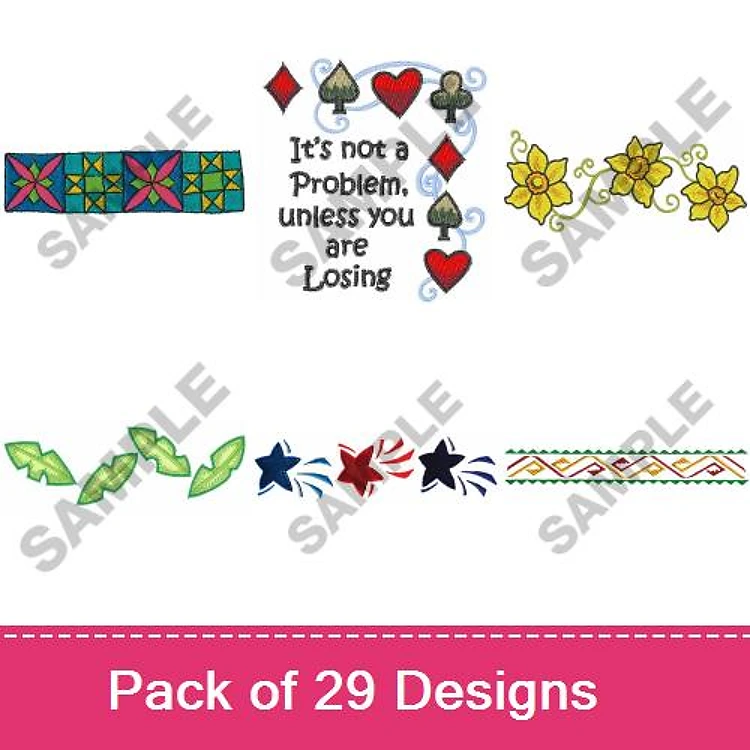Decorative Elements Embroidery Designs Bundle – Hearts & Spades, Yellow Flower Cluster, Floral Border & More (29 Designs)