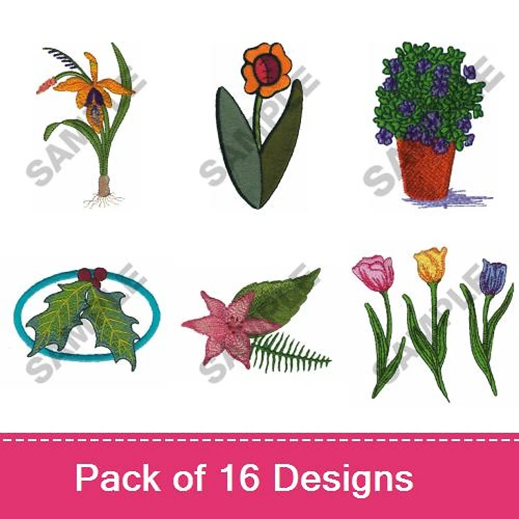Flower and Plant Embroidery Bundle – Orchid, Potted Violet, Holly with Berries & More (16 Designs)