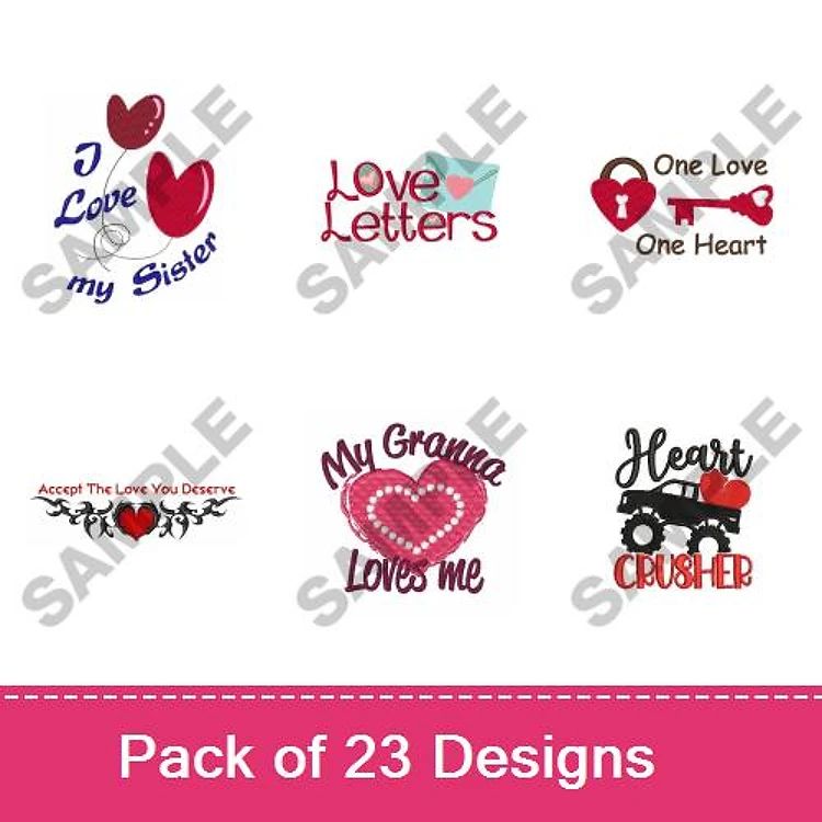 Valentine's Day Love Embroidery Designs Bundle – I Love my Sister, Heart Crusher & More (23 Designs)