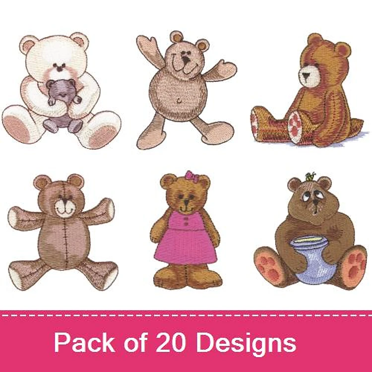 Teddy Bear Embroidery Bundle – Teddy Bear with Heart, Sitting Brown Bear, Girl Bear with Pink Dress & More (20 Designs)