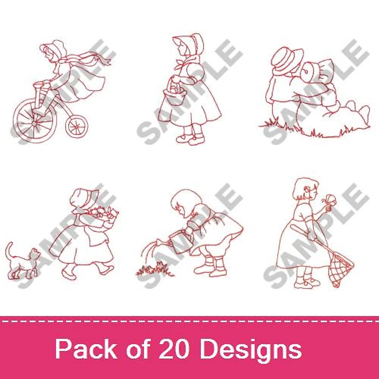 Redwork Childhood Activities Embroidery Designs Bundle – Girl on Bicycle, Kissing Children, Girl with Dog & More (20 Designs)
