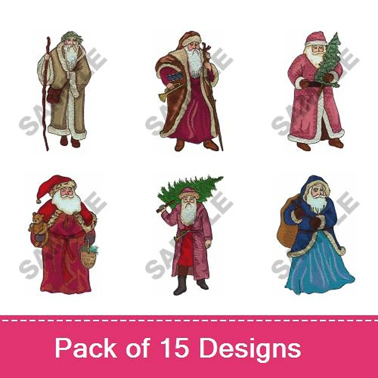 Santa Claus Characters Embroidery Bundle – Santa with Staff, Santa Holding Tree, Mrs. Claus with Basket & More (15 Designs)