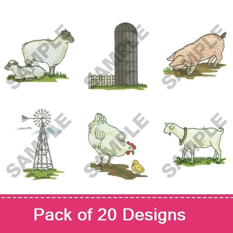 Farm Animal Embroidery Bundle – Sheep, Pig, Goat, Hen with Chick & More (20 Designs)