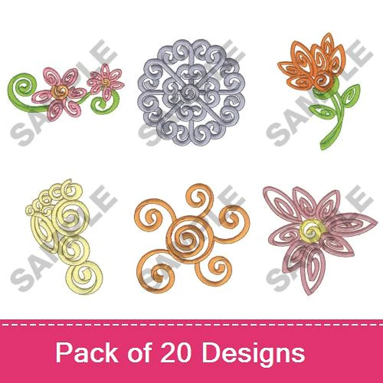 Floral Swirls Embroidery Designs Bundle – Swirl Flower with Green Leaves, Tall Orange Flower & More (20 Designs)