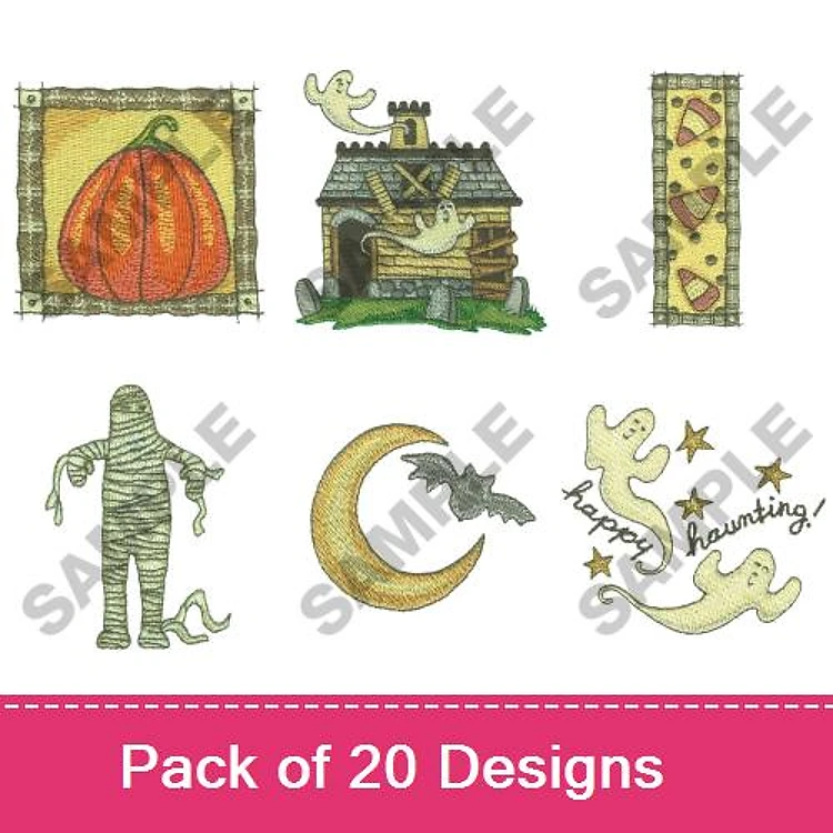 Halloween Embroidery Designs Bundle – Pumpkin, Haunted House, Mummy, Moon & More (20 Designs)