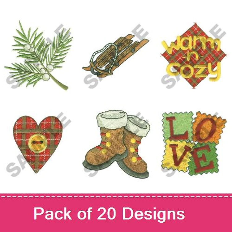 Cozy Winter Embroidery Designs Bundle – Pine Branch, Sled, Warm n Cozy & More (20 Designs)
