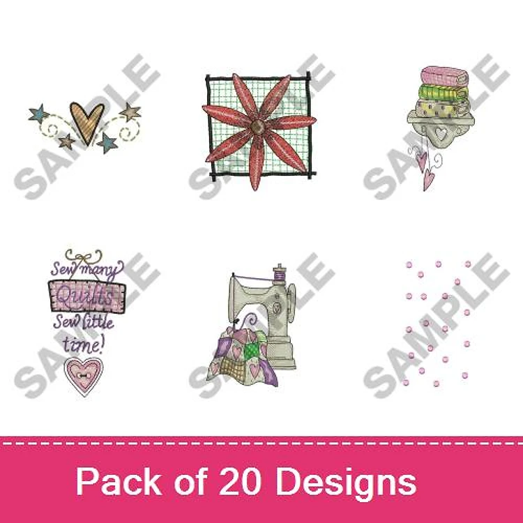 Sewing & Quilting Embroidery Designs Bundle – Sewing Machine, Quilting Frame, Heart with Stars & More (20 Designs)