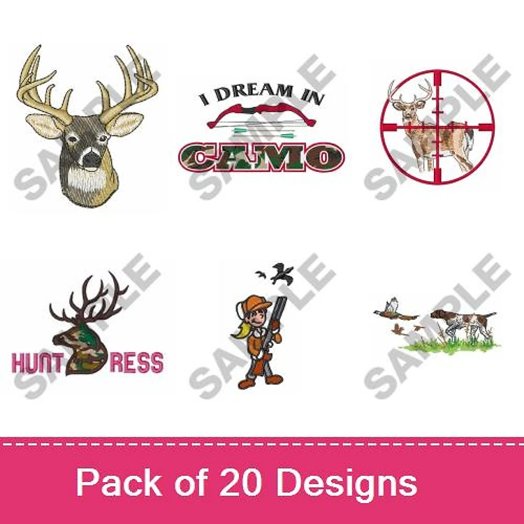 Hunting & Nature Embroidery Designs Bundle – Deer Head, Huntress, Hunting Scope & More (20 Designs)