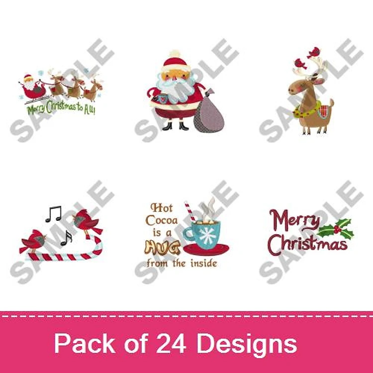 Christmas Themed Embroidery Designs Bundle – Santa, Reindeer, Candy Cane, Hot Cocoa Mug & More (24 Designs)