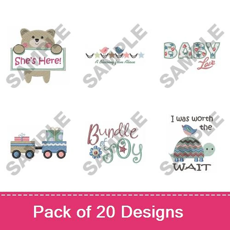 Baby Announcement Embroidery Designs Bundle – She's Here, Bundle of Joy, I Was Worth the Wait & More (20 Designs)
