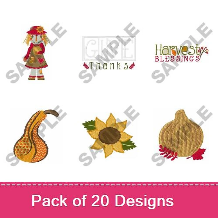 Harvest & Thanksgiving Embroidery Designs Bundle – Scarecrow Girl, Sunflower, Gourd & More (20 Designs)