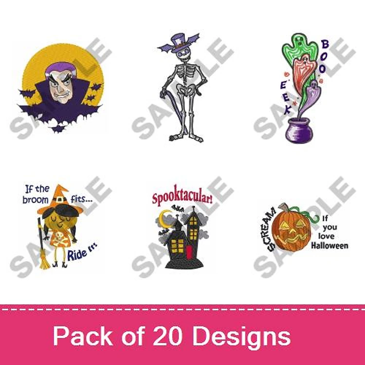 Halloween Embroidery Designs Bundle – Witch on Broom, Skeleton, Pumpkin & More (20 Designs)